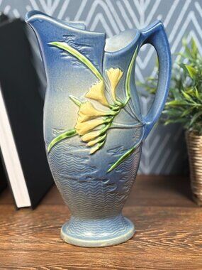 Vintage Roseville Pottery Vase, Freesia Flower Ewer, Art Pottery Pitcher